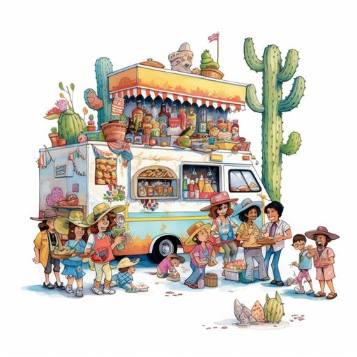 mariacho food truck, people eating tacos while cactus dance with the muratas. Cactus is wearing a sombrero with a white background