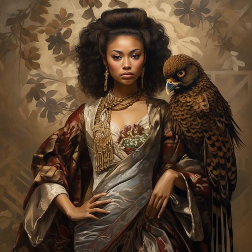 edio-period painting of a brown-skinned woman with an oriental-style dress made of owl feathers. Oriental, japanese-style