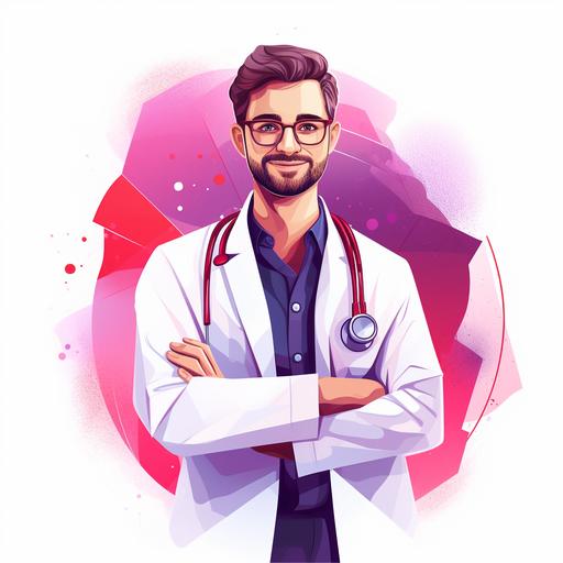 marketing style graphic that shows a comforting doctor, red and purple aesthetic, white background