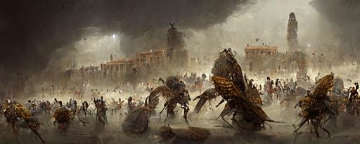 a giant swarm of locusts attacks a roman city, concept art, dark souls, highly detailed, crowd of romans in a panic, dust storm --ar 3:1