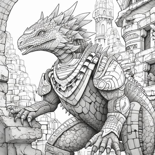 black and white coloring page of cyber dinosaur full body view, background detail of jungle, aztec stone wall --s 750