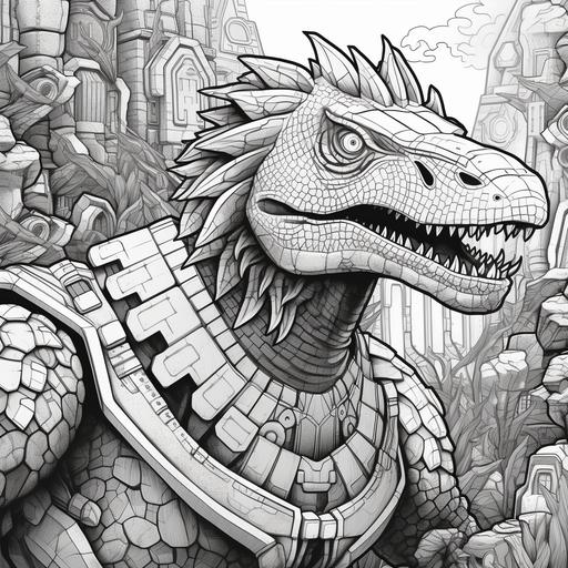 black and white coloring page of cyber dinosaur full body view, background detail of jungle, aztec stone wall --s 750