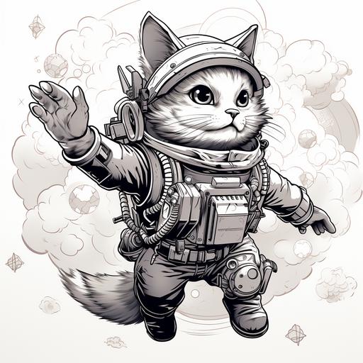 black and white line drawing coloring book, black and white no shadows, a cat parachuting from a spaceship holding a spacegun --s 250 --v 5.2