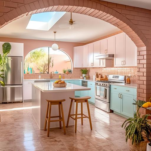 modern arizona kitchen sleek design, stainless steel appliances, calm lighting, pastels, bright, plant decor, brick archway 8k ultra --v 5.1