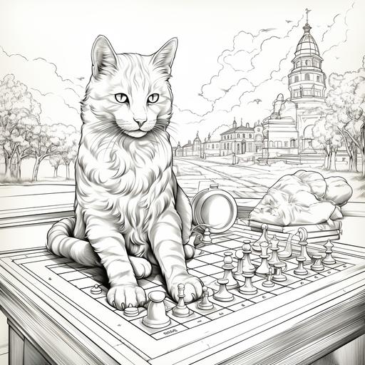 plain black and white coloring book drawing of a cat playing chess in a park --s 250 --v 5.2