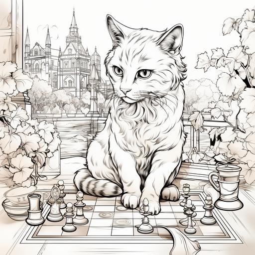 plain black and white coloring book drawing of a cat playing chess in a park --s 250 --v 5.2