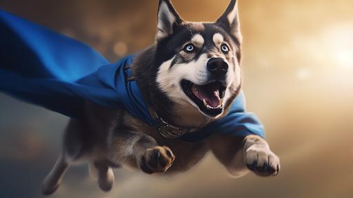 marvel style super hero flying black husky black-faced blue-eyed dog chasing bandits. photo-realistic. cinematic --v 5.1 --ar 16:9