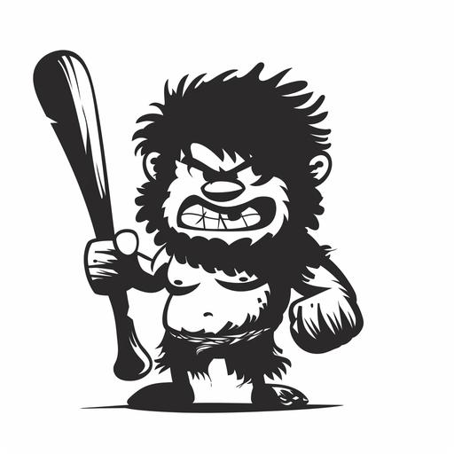 mascot, black, and white, cartoon big head, small legs caveman, negative space holding cave club, giant baseball bat , minimalist