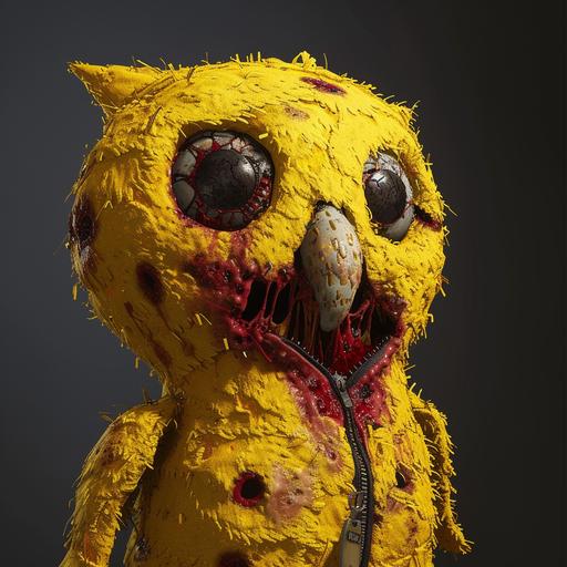 mascot horror, a yellow owl soft toy covered like pinata, it has no eyes but gaping holes are in its place, No pupils or retina, just void and darkness, it has a zipper on its chest. The zipper is open, to reveal a chasm full of horizontal teeth and red slime on both sides. Scary. Unreal engine, huggy wuggy , horror --v 6.0