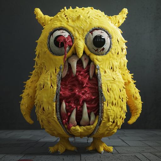mascot horror, a yellow owl soft toy covered like pinata, it has no eyes but gaping holes are in its place, No pupils or retina, just void and darkness, it has a zipper on its chest. The zipper is unzipped, to reveal a chasm full of horizontal teeth and red slime on both sides. Scary. Unreal engine, huggy wuggy , horror --v 6.0