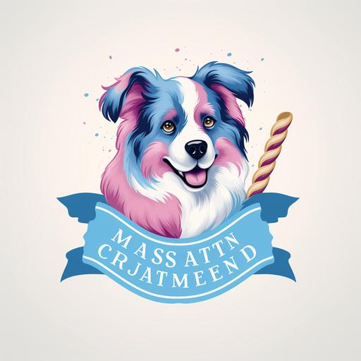 masculine business logo. Cotton candy business, blue and pink, masculine with Australian shepherd mascot. white background print format