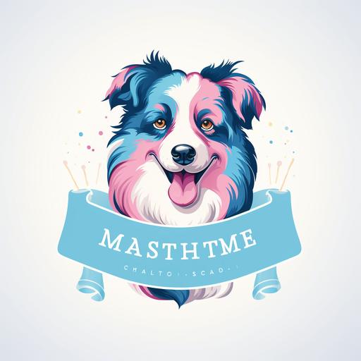 masculine business logo. Cotton candy business, blue and pink, masculine with Australian shepherd mascot. white background print format