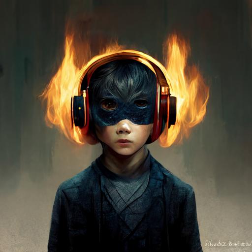 masked boy headphones on fire