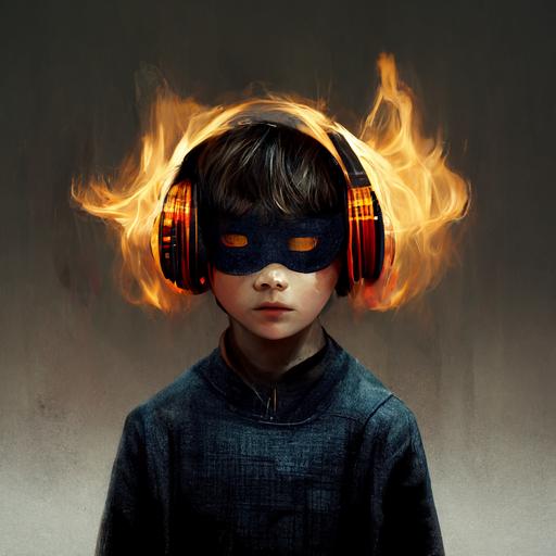 masked boy headphones on fire