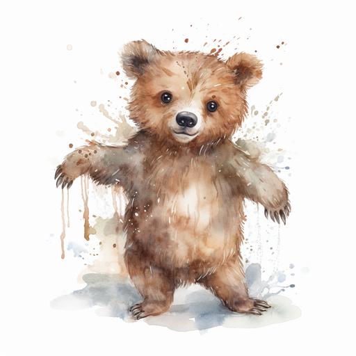 watercolor woodland baby brown bear, in multiple fun and happy poses.. To illicit emotions of happines, cuteness and joy. white transparent background. cartoon style with high detail fur. very fine water color brush strokes and also with visible art liner strokes --v 5