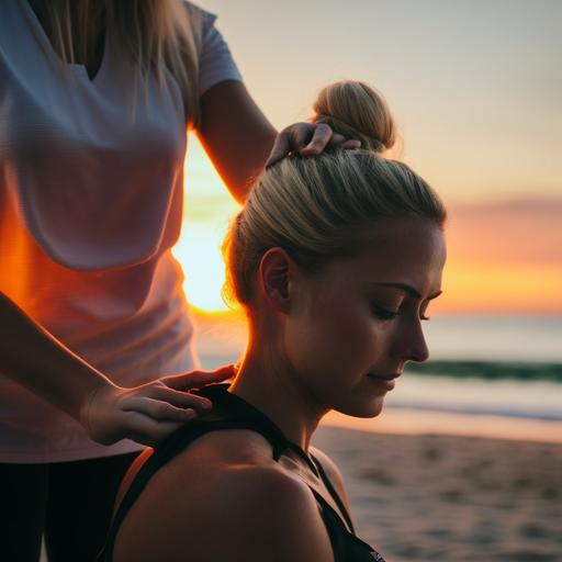 massage taking place on a beach with the sunset in the background, a blonde female massage therapist with hair in ponytail