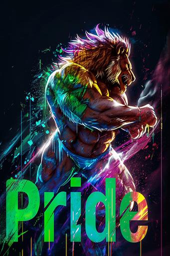 massive muscular anthro humanoid lion man, rainbow mane, furry, standing, swimming ad, dark moody lighting, artistic, wireframe hologram, 