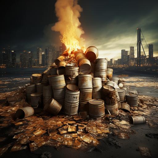massive pile of oil drums with dollars and oil spilling out of them