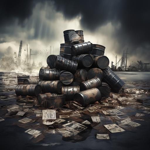 massive pile of oil drums with dollars and oil spilling out of them