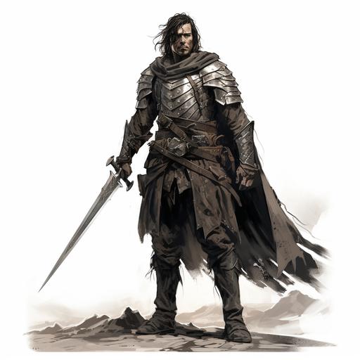 Black and white, full-body male knight portrait, head to toe, standing on dirt ground. Worn, oversized plate armor, shoulder length dark hair, no helmet. Holding a sword in one hand, with a simple battered kite shield leaning on his leg. Capture the details of the battered armor and his smiling expression. Hand-Drawn, plain white background no details.
