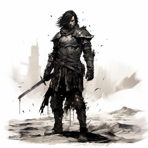 Black and white, full-body male knight portrait, head to toe, standing on dirt ground. Worn, oversized plate armor, shoulder length dark hair, no helmet. Holding a sword in one hand, with a simple battered kite shield leaning on his leg. Capture the details of the battered armor. Hand-Drawn, plain white background no details.