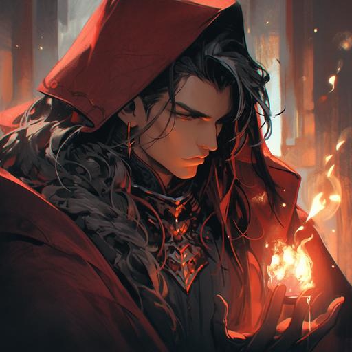 Medieval fantasy, d& d fantasy portrait, dungeon& dragons, male Elven sorcerer casting a purplish spell, red robe with Black details, style of charlie bowater, highly detailed --s 750 --niji 5