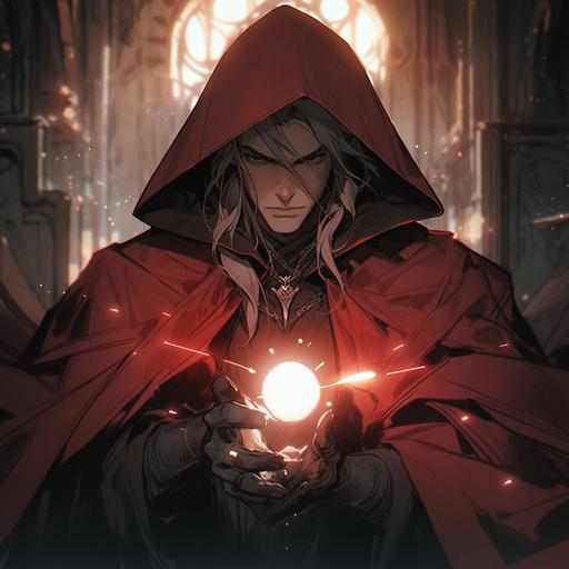 Medieval fantasy, d& d fantasy portrait, dungeon& dragons, male Elven sorcerer casting a purplish spell, red robe with Black details, style of charlie bowater, highly detailed --s 750 --niji 5