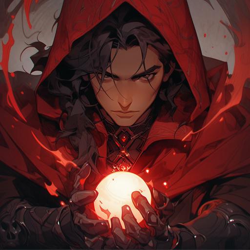 Medieval fantasy, d& d fantasy portrait, dungeon& dragons, male Elven sorcerer casting a purplish spell, red robe with Black details, style of charlie bowater, highly detailed --s 750 --niji 5