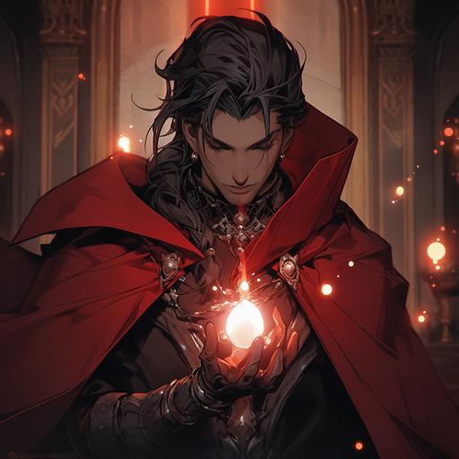 Medieval fantasy, d& d fantasy portrait, dungeon& dragons, male Elven sorcerer casting a purplish spell, red robe with Black details, style of charlie bowater, highly detailed --s 750 --niji 5