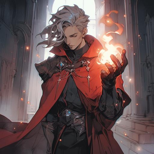 Medieval fantasy, d& d fantasy portrait, dungeon& dragons, male Elven sorcerer casting a purplish spell, red robe with Black details, style of charlie bowater, highly detailed --s 750 --niji 5