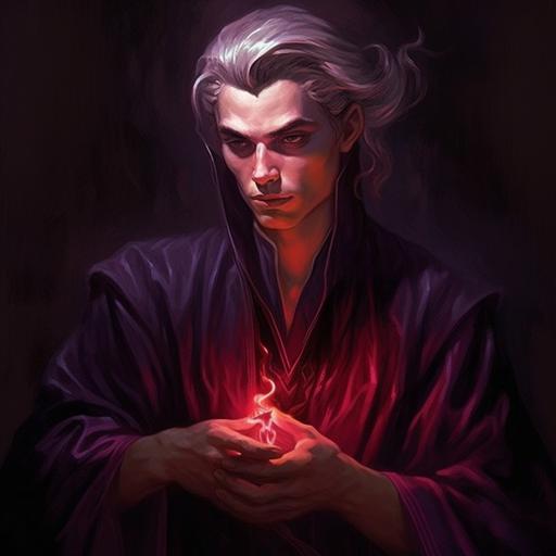 Medieval fantasy, d& d fantasy portrait, dungeon& dragons, male Elven sorcerer casting a purplish spell, red robe with Black details, style of charlie bowater, highly detailed --v 5.1 --s 750