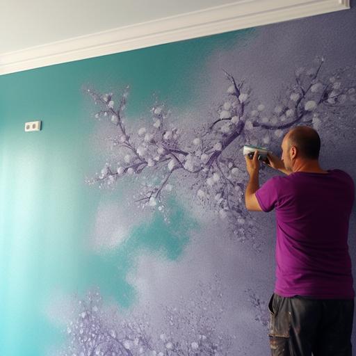 master applies liquid wallpaper on the wall in the apartment. photorealism, high quality