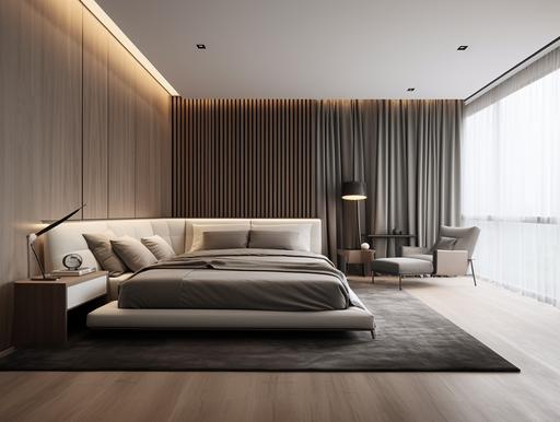 master bedroom design of modern apartment, in the style of xu bing, light gray and dark black, slumped/draped, minimalist starkness, minimalist sets, contemporary faux naïf, minimalist brush work --ar 4:3