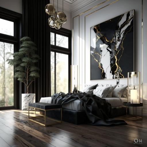 master bedroom, large space, modern style, modern interior design, abstract painting, wood flooring, marble with reflection, clean mood, sunlight, black glass cladding, gold stainless, vintage mirror, velvet ottoman, accesories, high resolution, vray, render