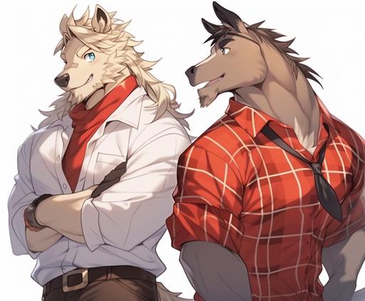 (masterpiece), (best quality), (ultra-detailed) (kemono) (furry) (fursona) Two characters. A large and handsome adult male roan horse with a aple blonde mane and brown eyes in a tight red shirt with a white collar. A shorter anthropomorphicadult cream-and-black colored wolf withblue eyes in a blue and white sports jersey and a silver chan aronud his neck is stnding next to him, holding one of the horse's muscular arms with both of his hands and smiling shyly up at him and blushing. anime style, loose gestures, oshare kei, strong facial expression, tightly composed scenes. Vector graphic illustration,8k --ar 2900:2400 --niji