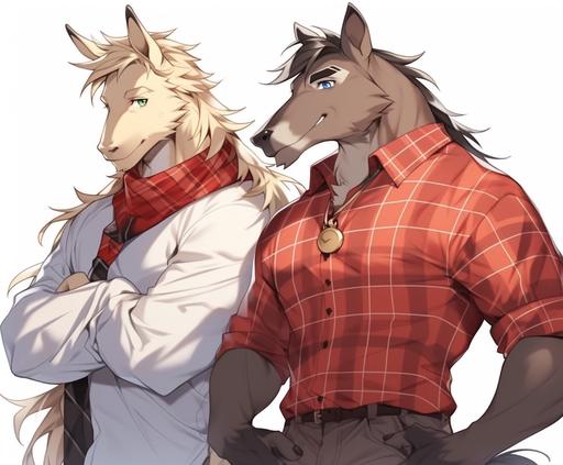 (masterpiece), (best quality), (ultra-detailed) (kemono) (furry) (fursona) Two characters. A large and handsome adult male roan horse with a aple blonde mane and brown eyes in a tight red shirt with a white collar. A shorter anthropomorphicadult cream-and-black colored wolf withblue eyes in a blue and white sports jersey and a silver chan aronud his neck is stnding next to him, holding one of the horse's muscular arms with both of his hands and smiling shyly up at him and blushing. anime style, loose gestures, oshare kei, strong facial expression, tightly composed scenes. Vector graphic illustration,8k --ar 2900:2400 --niji