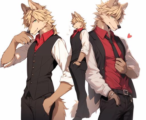 (masterpiece), (best quality), (ultra-detailed) (kemono) (furry) (fursona) Two characters. A large and handsome adult male roan horse with a aple blonde mane and brown eyes in a tight red shirt with a white collar. A shorter anthropomorphicadult cream-and-black colored wolf withblue eyes in a blue and white sports jersey and a silver chan aronud his neck is stnding next to him, holding one of the horse's muscular arms with both of his hands and smiling shyly up at him and blushing. anime style, loose gestures, oshare kei, strong facial expression, tightly composed scenes. Vector graphic illustration,8k --ar 2900:2400 --niji