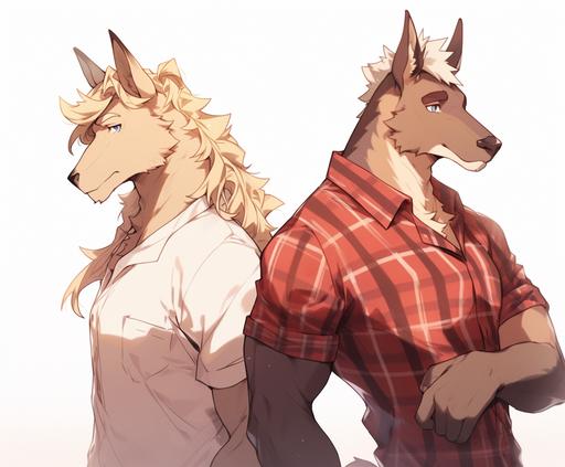 (masterpiece), (best quality), (ultra-detailed) (kemono) (furry) (fursona) Two characters. A large and handsome adult male roan horse with a aple blonde mane and brown eyes in a tight red shirt with a white collar. A shorter anthropomorphicadult cream-and-black colored wolf withblue eyes in a blue and white sports jersey and a silver chan aronud his neck is stnding next to him, holding one of the horse's muscular arms with both of his hands and smiling shyly up at him and blushing. anime style, loose gestures, oshare kei, strong facial expression, tightly composed scenes. Vector graphic illustration,8k --ar 2900:2400 --niji