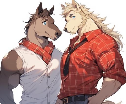 (masterpiece), (best quality), (ultra-detailed) (kemono) (furry) (fursona) Two characters. A large and handsome adult male roan horse with a aple blonde mane and brown eyes in a tight red shirt with a white collar. A shorter anthropomorphicadult cream-and-black colored wolf withblue eyes in a blue and white sports jersey and a silver chan aronud his neck is stnding next to him, holding one of the horse's muscular arms with both of his hands and smiling shyly up at him and blushing. anime style, loose gestures, oshare kei, strong facial expression, tightly composed scenes. Vector graphic illustration,8k --ar 2900:2400 --niji