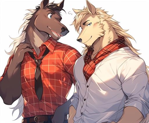 (masterpiece), (best quality), (ultra-detailed) (kemono) (furry) (fursona) Two characters. A large and handsome adult male roan horse with a aple blonde mane and brown eyes in a tight red shirt with a white collar. A shorter anthropomorphicadult cream-and-black colored wolf withblue eyes in a blue and white sports jersey and a silver chan aronud his neck is stnding next to him, holding one of the horse's muscular arms with both of his hands and smiling shyly up at him and blushing. anime style, loose gestures, oshare kei, strong facial expression, tightly composed scenes. Vector graphic illustration,8k --ar 2900:2400 --niji