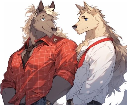 (masterpiece), (best quality), (ultra-detailed) (kemono) (furry) (fursona) Two characters. A large and handsome adult male roan horse with a aple blonde mane and brown eyes in a tight red shirt with a white collar. A shorter anthropomorphicadult cream-and-black colored wolf withblue eyes in a blue and white sports jersey and a silver chan aronud his neck is stnding next to him, holding one of the horse's muscular arms with both of his hands and smiling shyly up at him and blushing. anime style, loose gestures, oshare kei, strong facial expression, tightly composed scenes. Vector graphic illustration,8k --ar 2900:2400 --niji