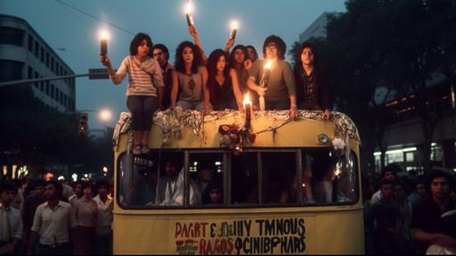 1970s, photograph, Mexican demonstration with banner hanging behind, rebellious students standing on top of college bus, candles in hands, cinematographic light, soft light, colorful, --ar 16:9 --v 5