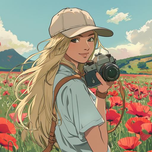 a blonde woman with a cap with a camera in the middle in poppy field and a montain landscape in background style manga hayao Miyazaki