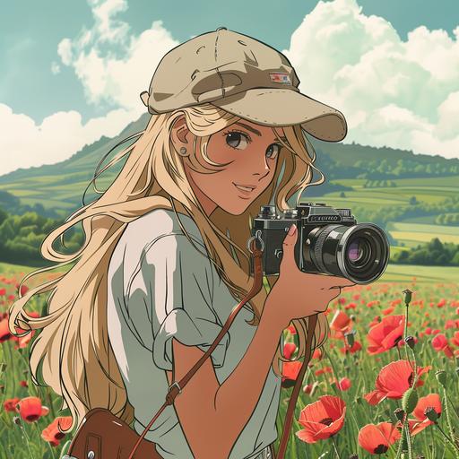 a blonde woman with a cap with a camera in the middle in poppy field and a montain landscape in background style manga hayao Miyazaki