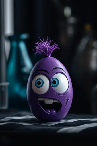 matte 🥚, purple cartoon character animos painted on an easter egg, grey curtains in the background, crazy face, excellent photo, high resolution, ultra-hd --ar 2:3 --v 5