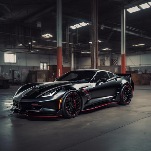 matte black c7 chevrolet corvette grand sport with red accents, matte black wheels, inside warehouse, light rays streaming through windows, 16:9 aspect, side view