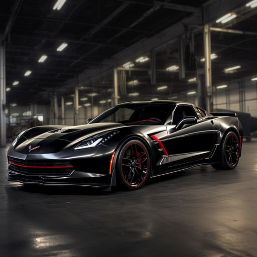 matte black c7 chevrolet corvette grand sport with red accents, matte black wheels, inside warehouse, light rays streaming through windows, 16:9 aspect, side view, ultra realistic, digital photography, hdr