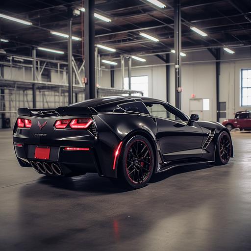 matte black c7 chevrolet corvette grand sport with red accents, matte black wheels, inside warehouse, light rays streaming through windows, 16:9 aspect, side view