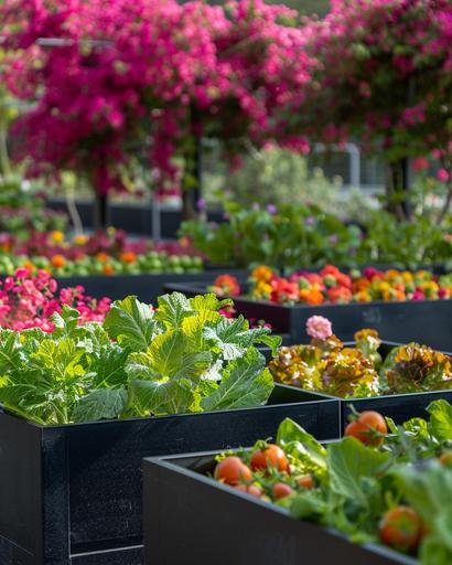 matte black square plastic planter boxes foodcube wicking bed planterbox filled with colourful vegetables in a garden in the background you can see the pink southbank grand arbour covered in bougainvillea --ar 4:5