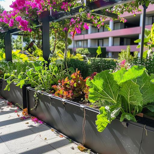 matte black square plastic planter boxes foodcube wicking bed planterbox filled with colourful vegetables in a garden in the background you can see the pink southbank grand arbour covered in bougainvillea